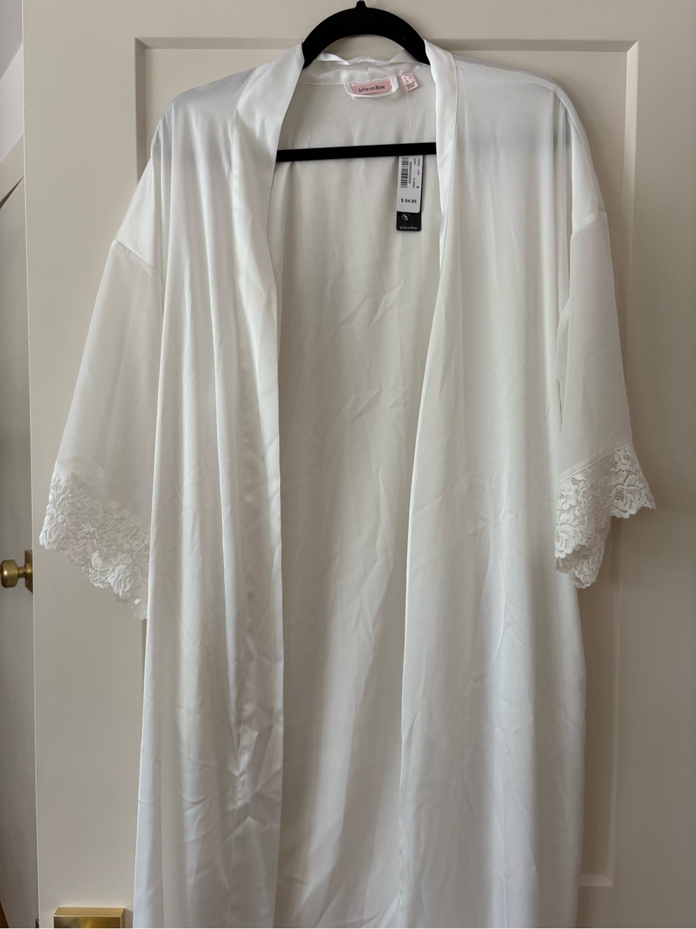 La Vie En Rose White Satin Robe with Lace Trim